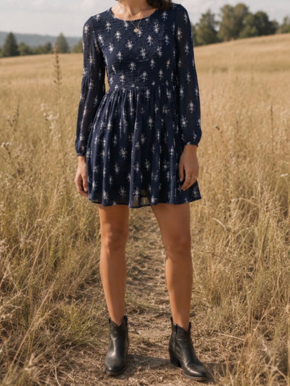 Old Navy Smocked Long Sleeve Midi Dress Navy Floral Size M
